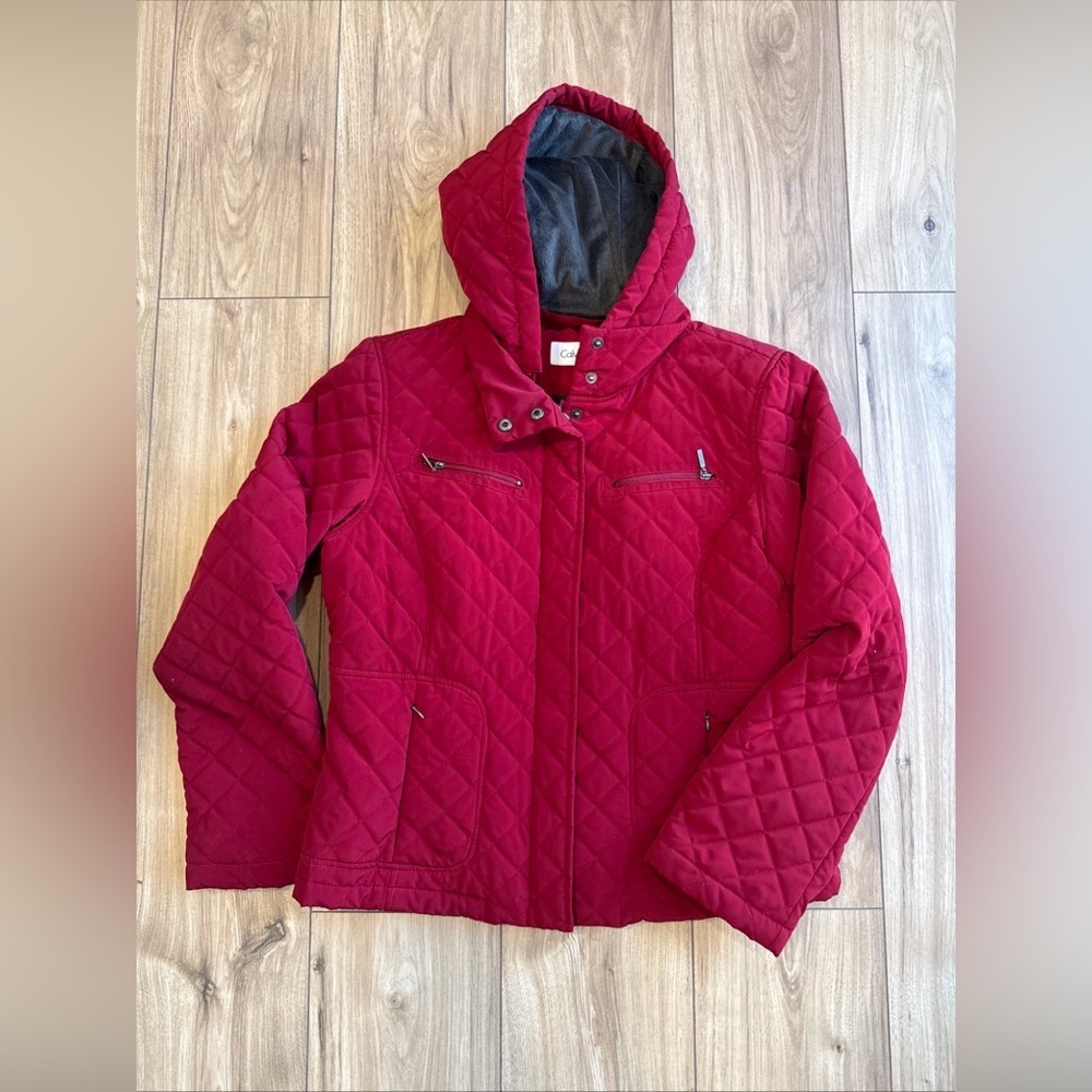 Calvin Klein Womenās Red Quilted Jacket Size Large Full Zip Removable Hood